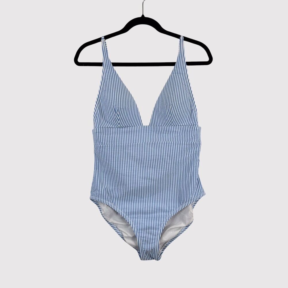 J Crew Womens Swimsuit Blue Seersucker Plunge V Neck Flattering One Piece Size 8 - Picture 2 of 9